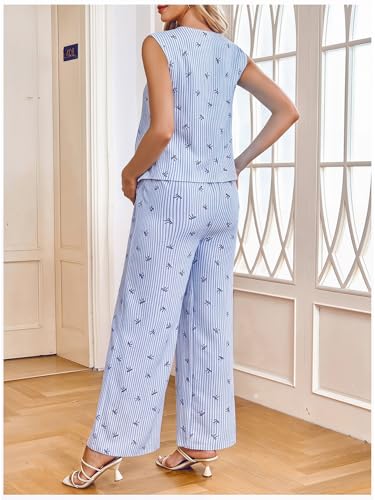 MakeMeChic Women's Maternity Summer 2 Piece Outfits Pregnancy Boho Vacation Striped Bow Top and Pants Set - color: Blue and White, size: X-Large