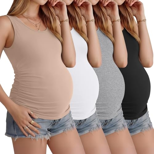Ficerd 4 Pcs Womens Maternity Sleeveless Tank Tops - color: Khaki, White, Light Heather Gray, Black, size: Small