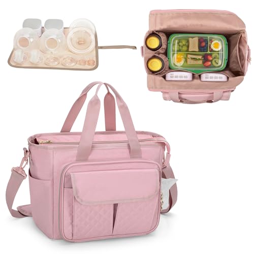 LUXJA Wearable Breast Pump Bag with a Waterproof Mat, Pink