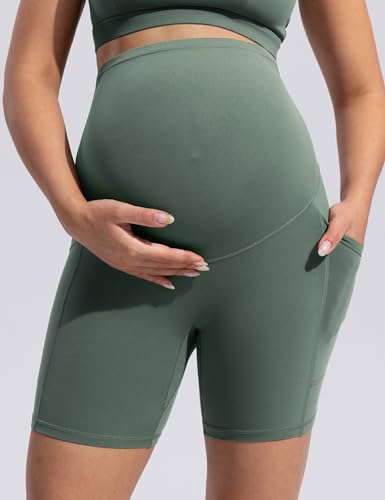 POSHDIVAH Creamluxe Maternity Biker Shorts with Pockets 6"/8" - color: Olive Mist, size: Medium
