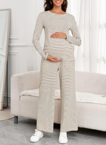 BLENCOT Maternity 2 Piece Outfits Striped Long Sleeve Pregnancy Set - color: Apricot, size: Large