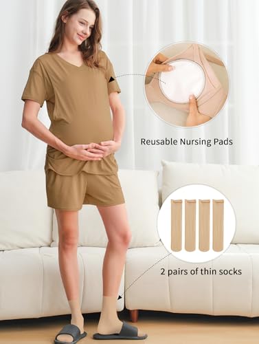 DANSHOW Maternity Nursing Pajama Set Postpartum Lounge PJS - color: Brown, size: X-Large