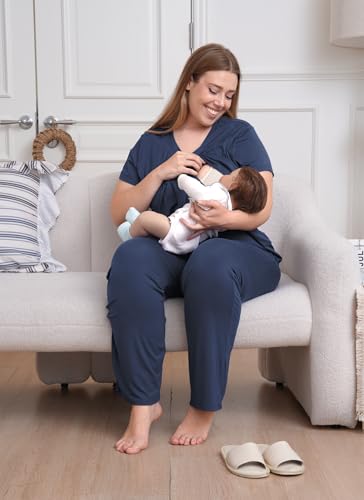 Rnxrbb 3 Piece Postpartum Nursing Pajamas Set Maternity Breastfeeding Pjs - color: Navy, size: Medium