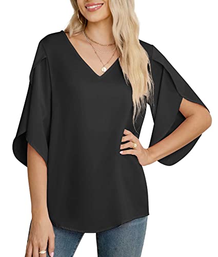 Jouica Women's 3/4 Ruffled Sleeve Blouses Summer Chiffon Casual Loose Tops - color: 01black, size: Medium