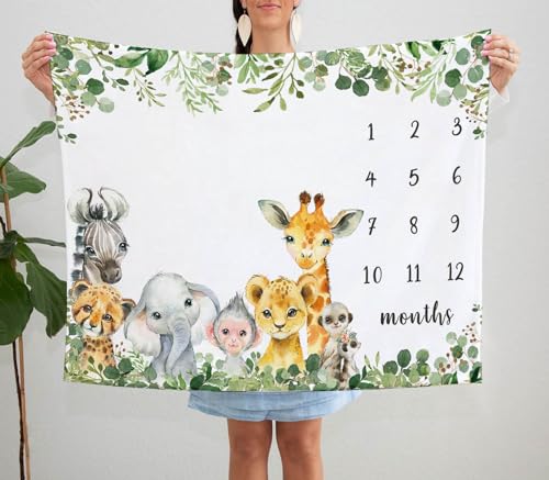 Safari Animals Milestone Blanket, Jungle Baby Growth Chart Monthly Blanket