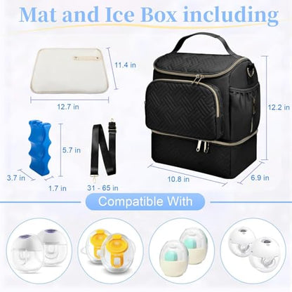 Wearable Breast Pump Bag with Cooler Compartment & Ice Pack & Mat - color: Black
