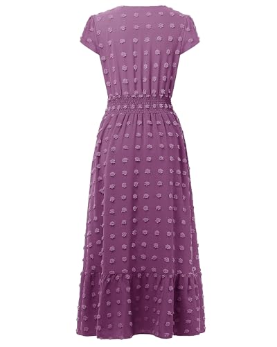 CzzzyL Women Nursing Dresses Cap Short Sleeve V Neck Swiss Dot with Pockets - color: Purple, size: Medium