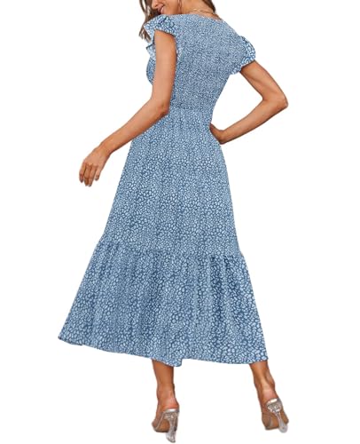 CzzzyL Women's Nursing Dress Flutter Sleeve Crew Neck Smocked Midi Pockets - color: Floralblue, size: Small