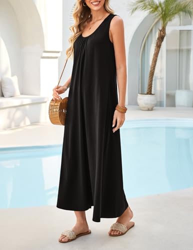 MEROKEETY Women's Summer Boho Sleeveless Ruched Maxi Dress - color: Black, size: Large