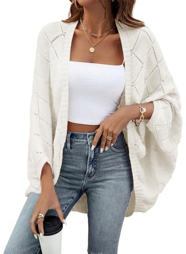 Sidefeel Women's Crochet Oversized Cardigan Sweaters Spring Hollow Out Long Batwing Sleeve Summer Shrugs Lightweight Sweater - color: White, size: Large