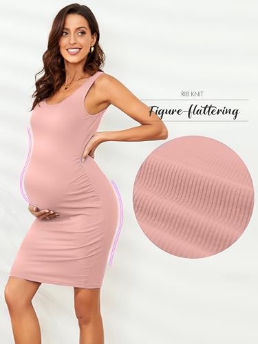 Ecavus Maternity Tank Dress, Maternity Bodycon Dress with Side Ruching - color: Rose Pink, size: Small