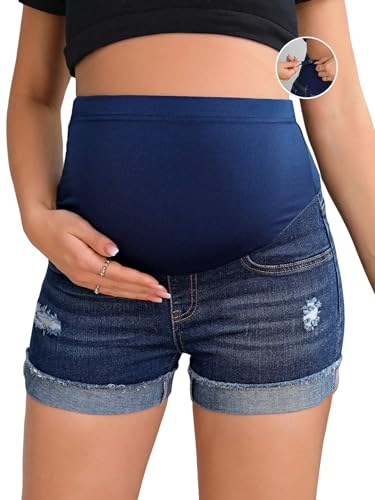BEAUDRM Women's Maternity Adjustable High Waist Denim Mini Shorts - color: Dark Wash, size: X-Large