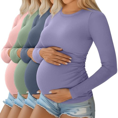 Ficerd 4 Pack Women's Maternity Shirts Long Sleeve Pregnancy Top - color: Light Pink, Gray Green, Haze Blue, Lavender Purple, size: Medium