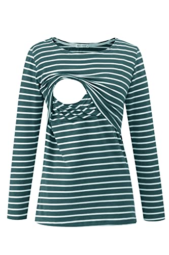 Smallshow Women's Maternity Nursing Tops Comfy Long Sleeve Breastfeeding T-Shirt - color: Black/Light Grey/Deep Green Stripe(cotton), size: XX-Large