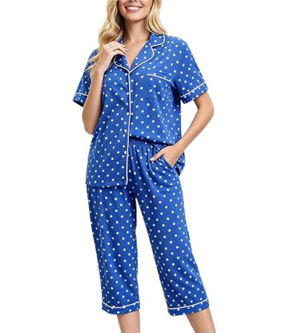 ENJOYNIGHT Womens Pajama Set Capri Short Sleeve Button Down Pj with Pocket - color: Blue Dot, size: Small