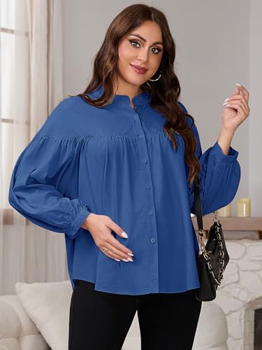 Womens Maternity Button Down Work Shirts Nursing Blouses Business Pleated Lantern Sleeve Pregnancy Office Tops - color: Navy, size: X-Large