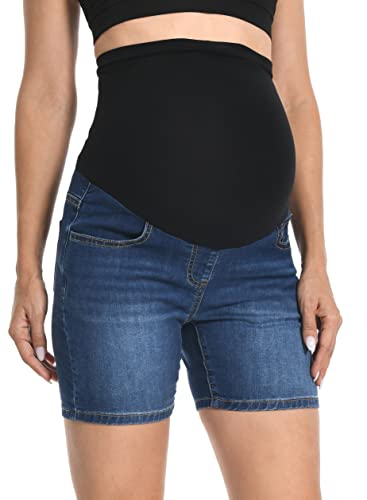 V VOCNI Maternity Jean Shorts Over The Belly Mid Thigh - color: 50-a-dark Blue, size: Medium