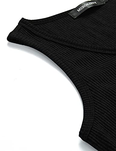 MEROKEETY Womens Summer Sleeveless Ribbed Tank Tops Trendy Henley Shirts - color: Black, size: Small