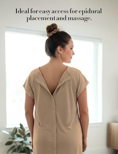 PATPAT Maternity Labor and Delivery Gown, Womens Hospital Gown with Pockets - color: Beige, size: Medium (Fit S/M)