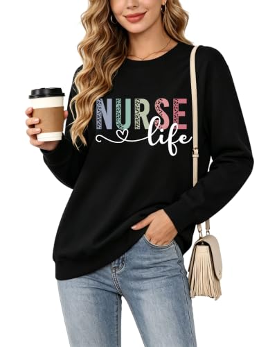 Registered Nurse Sweatshirt Women RN Nurse Long Sleeve Graphic Shirts - color: Black2, size: Large