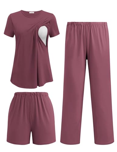 Ekouaer 3 Piece Maternity Nursing Pajamas Set Short Sleeve Breastfeeding Pjs - color: Burgundy, size: Medium