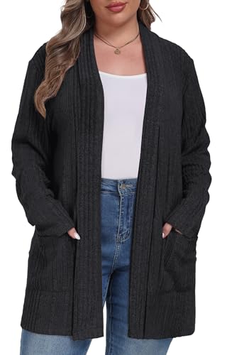 OLRIK Womens Plus Size Cardigan Loose Outwear with Pockets - color: C-black, size: 1X