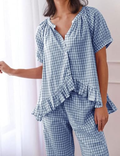 Flygo Women's Cotton Gingham Pajama Set 2 Piece Ruffle Lounge Sleepwear - color: Navy, size: Medium