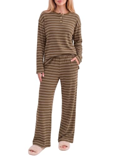 Ekouaer Womens Pajama sets Long Sleeve Cozy 2 Piece Matching Lounge Set - color: Brown White Stripe, size: Medium