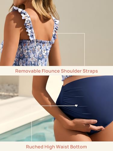 Summer Mae Maternity Swimsuit Ruffled Two Piece Bikini High Waist Swimwear - color: Dewdrop Blooms, size: Small