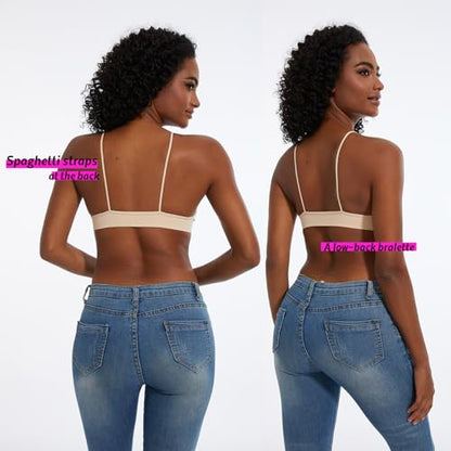 Seamless Bra for Women Low Back Bralette Wirefree Spaghetti Bra with Padded Removeable - color: Beige, size: Small