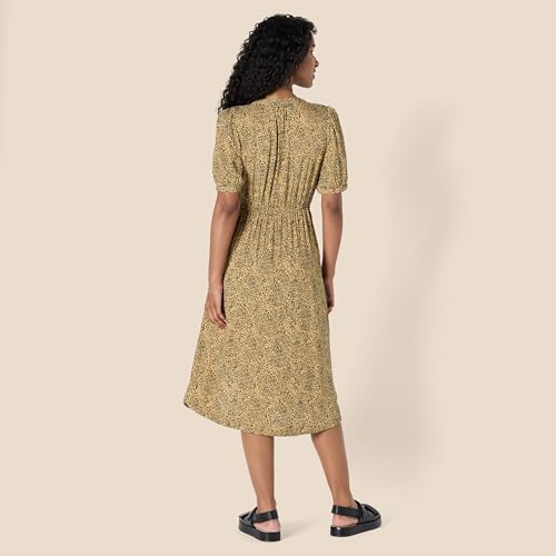 Amazon Essentials Women's Relaxed Fit Half-Sleeve Breathable Button Front Drawstring Waist Midi A-Line Dress with Pockets - color: Camel/Black - Mini Ikat Animal, size: Large