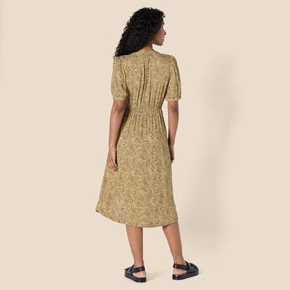 Amazon Essentials Women's Relaxed Fit Half-Sleeve Breathable Button Front Drawstring Waist Midi A-Line Dress with Pockets - color: Camel/Black - Mini Ikat Animal, size: Large