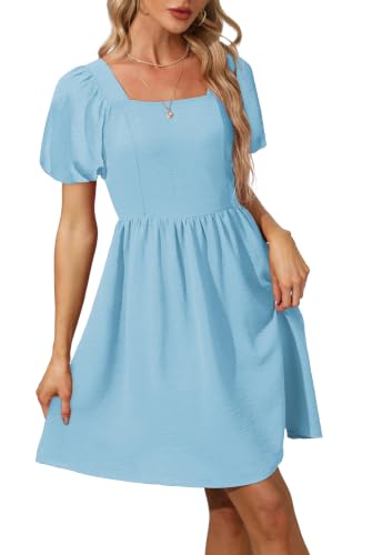 OFEEFAN Women Puff Sleeve Square Neck Tie in Back Dresses with Zipper - color: Baby Blue, size: X-Large