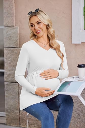 Maternity Shirts for Women Long Sleeve V Neck Fall Tops Clothes 4 Packs - color: Black/Brown/Light Grey/White, size: Small