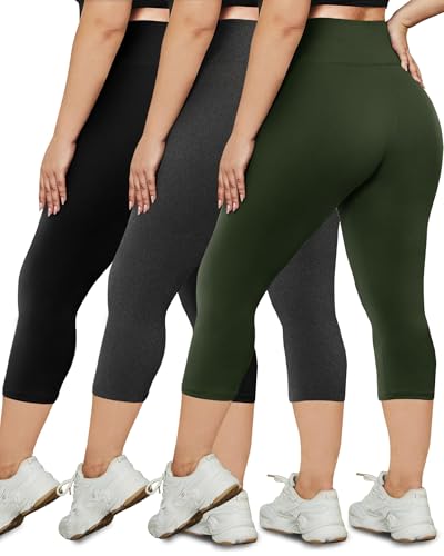 HLTPRO 3 Pack Plus Size Leggings for Women, High-Waisted and Stretchy - color: Black/ Heather Grey/ Olive Green, size: XX-Large Plus