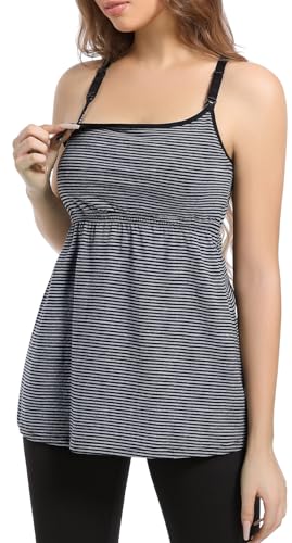 SUIEK 3-Pack Cotton Maternity Nursing Tank Tops Breastfeeding Cami Shirts - color: A-stripe+army Green+grey Print - Fourth Style, size: Medium