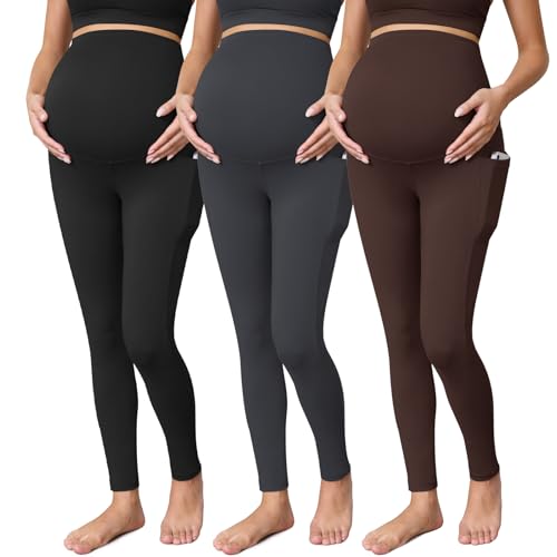 Buttergene 3 Pack Maternity Leggings with Pockets - color: Black/Dark Grey/Coffee, size: XX-Large