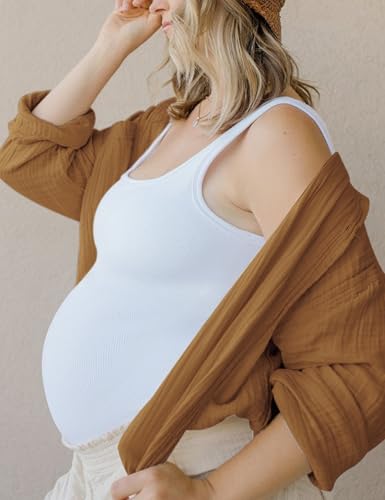 Peauty "Long Enough to Cover Hip Maternity Side Ruch Tank Tops/Basic Maternity Tops for Summer Casual Wear (S-3XL) - color: White, size: Medium