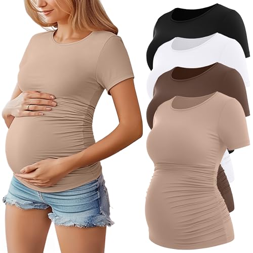 Huukeay 4 Pack Women's Short Sleeve Maternity Tops - color: Black, Khaki, Coffee, White, size: Large