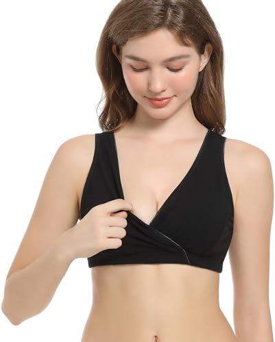 CAKYE 3 Pack Cotton Maternity Nursing Bras Breastfeeding Sleep Bralette - color: A-black+charcoal+nude/3pcs, size: Medium