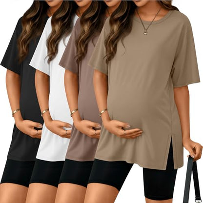 Riyiper 4 Pack Women's Short Sleeve Maternity T Shirts - color: Black, White, Coffee, Khaki, size: Medium
