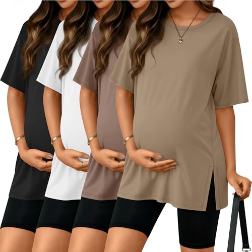 Riyiper 4 Pack Women's Short Sleeve Maternity T Shirts - color: Black, White, Coffee, Khaki, size: X-Large