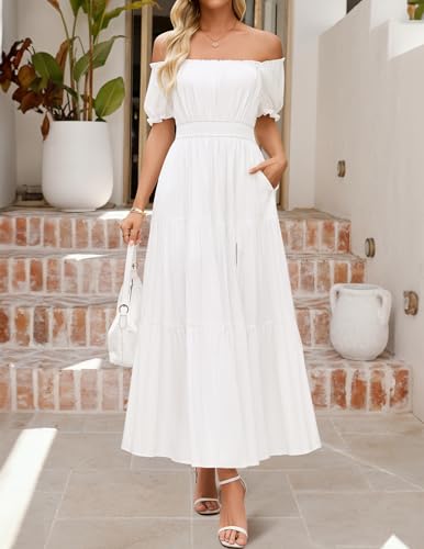 ZESICA Womens 2026 Summer Off Shoulder Boho Maxi Dress - color: White, size: Small