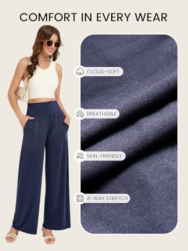 Wide Leg Pants Women Stretchy Sweatpants High Waisted Palazzo Pants - color: Blue, size: Large