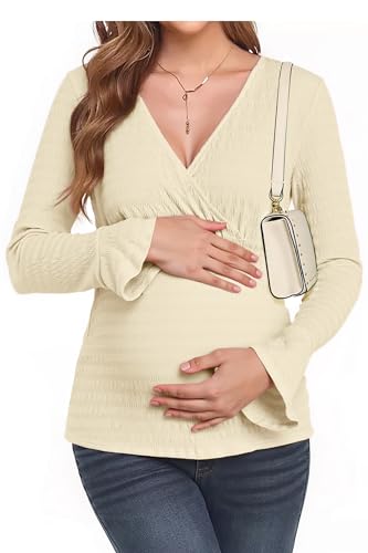 OUGES Women's Maternity Shirts Long Bell Sleeve Casual V Neck Tops Fall Fashion Textured Pregnancy Blouse - color: White, size: Medium