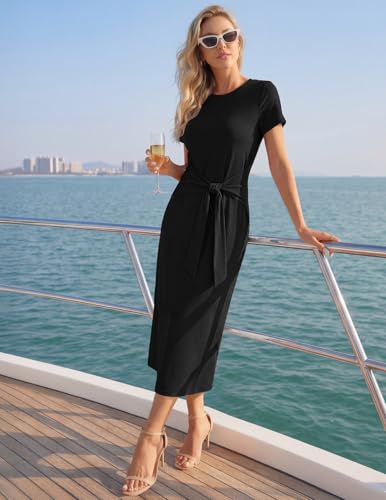 MEROKEETY Women's Summer T Shirt Casual Work Wrap Maxi Dresses - color: Black, size: Medium