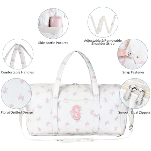 Personalized Quilted Duffle Bag for Travel Gym Weekender Hospital Carry On - color: Pink Bow, size: S
