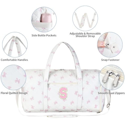 Personalized Quilted Duffle Bag for Travel Gym Weekender Hospital Carry On - color: Pink Bow, size: S