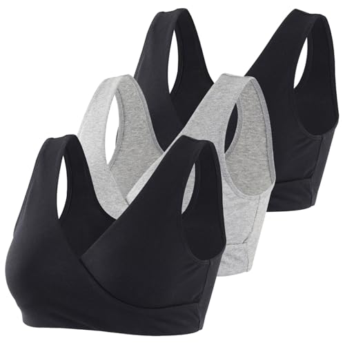 Women's Cotton Wireless Sleep Bra for Nursing and Maternity - color: Black+black+grey, size: Medium