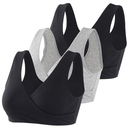 Women's Cotton Wireless Sleep Bra for Nursing and Maternity - color: Black+black+grey, size: Medium